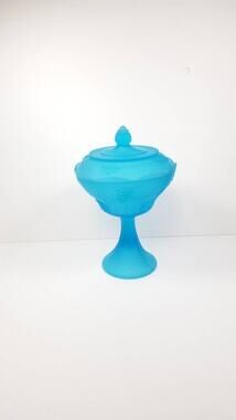 Vintage Colony Blue Satin Glass Wedding Bowl with Lid Harvest Grape Compote